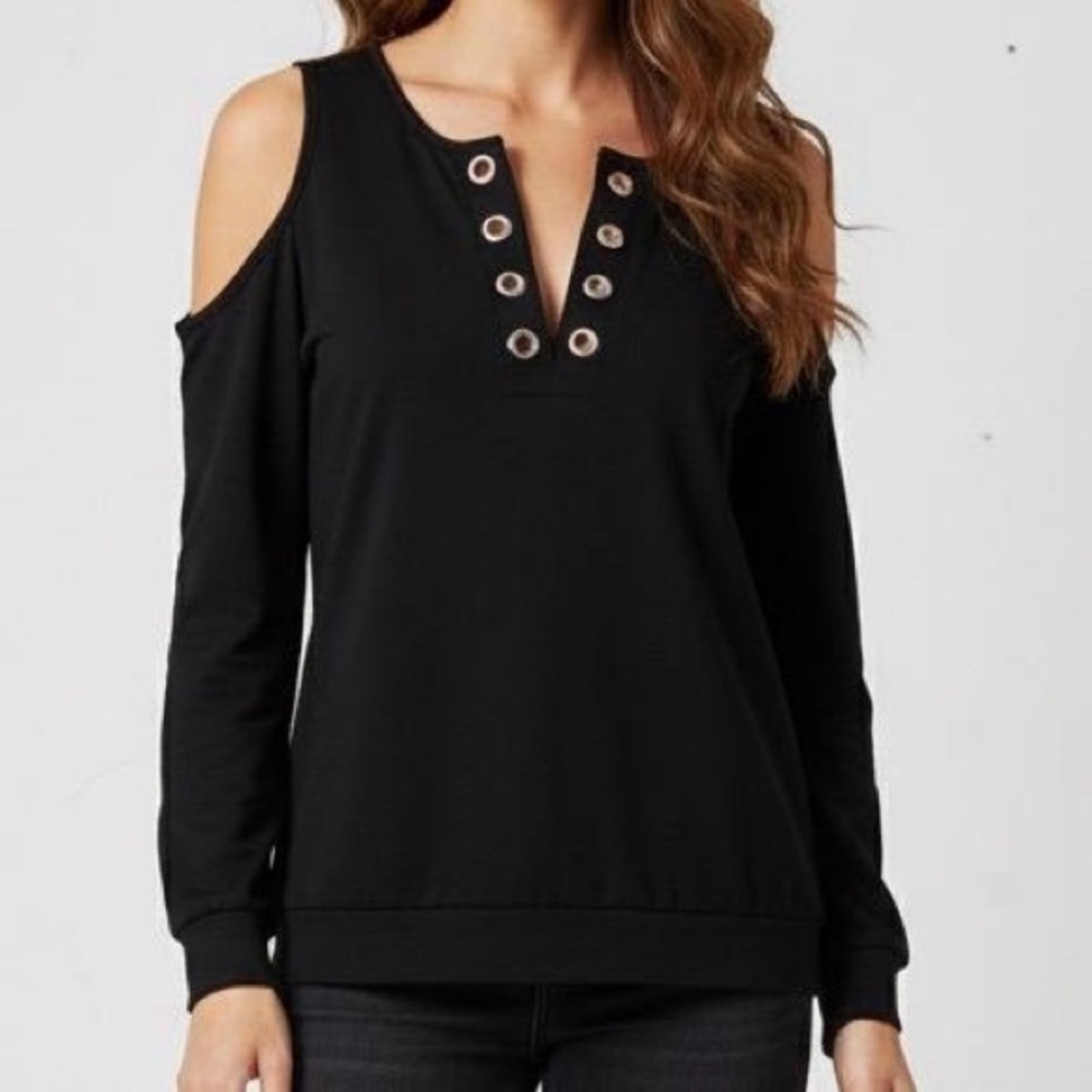 Charlotte Russe Black Cold Shoulder Grommet Lace-Up Sweatshirt Top blouse Size M